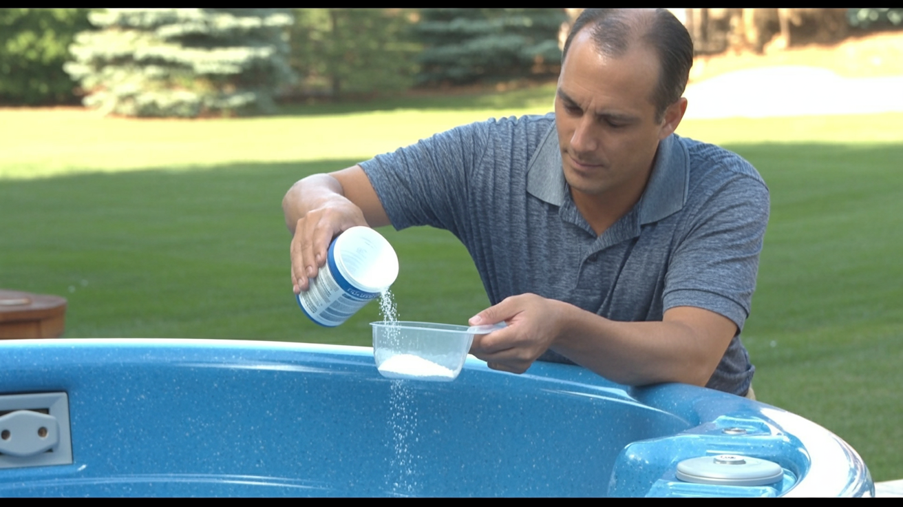 a man in a gray polo shirt leaning over a large 8 foot square light blue hot tub. He is pouring powdered hot tub chemicals into a small measuring scoop