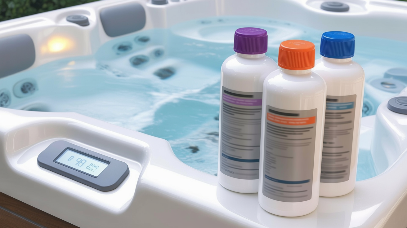 hot tub maintenance supplies placed on a white hot tub surface. In the foreground, there are three tall white plastic bottles with different colored caps