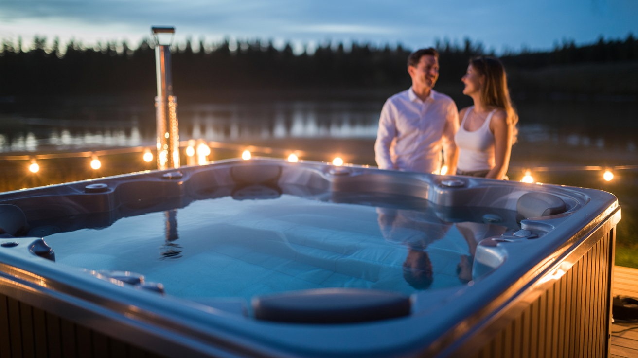 a hard-sided 8 foot square hot tub with pristinely crystal clear water and a happy man and woman standing a few feet away, slightly out of focus in the background
