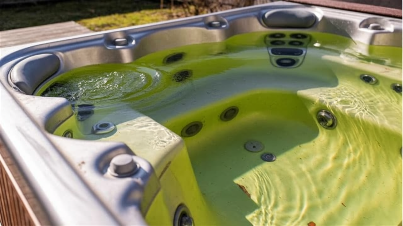 a hot tub with cloudy, green-yellow water