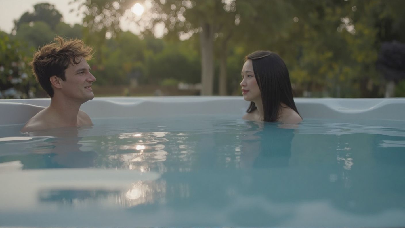 a man and a woman soaking in a hot tub up to their shoulders