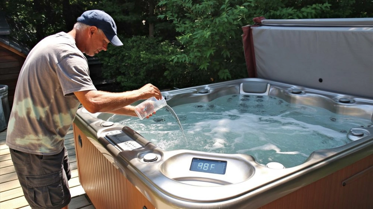 a man pouring a clear liquid chemical into a hard-sided hot tub