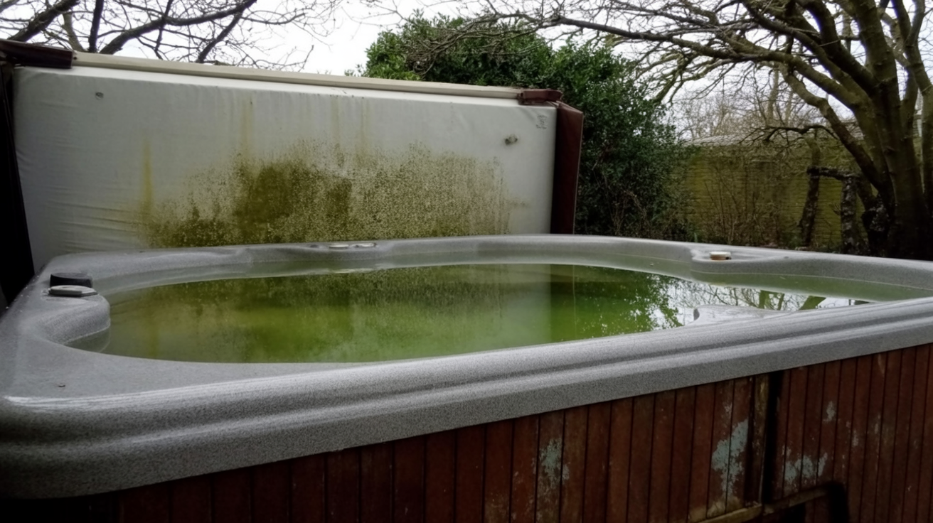 a neglected hot tub filled with murky green water