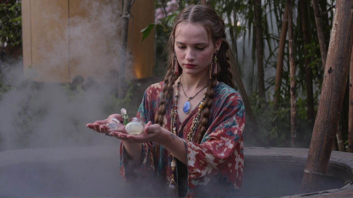 a hippie woman holding crystals over a hot tub with incense burning in the background