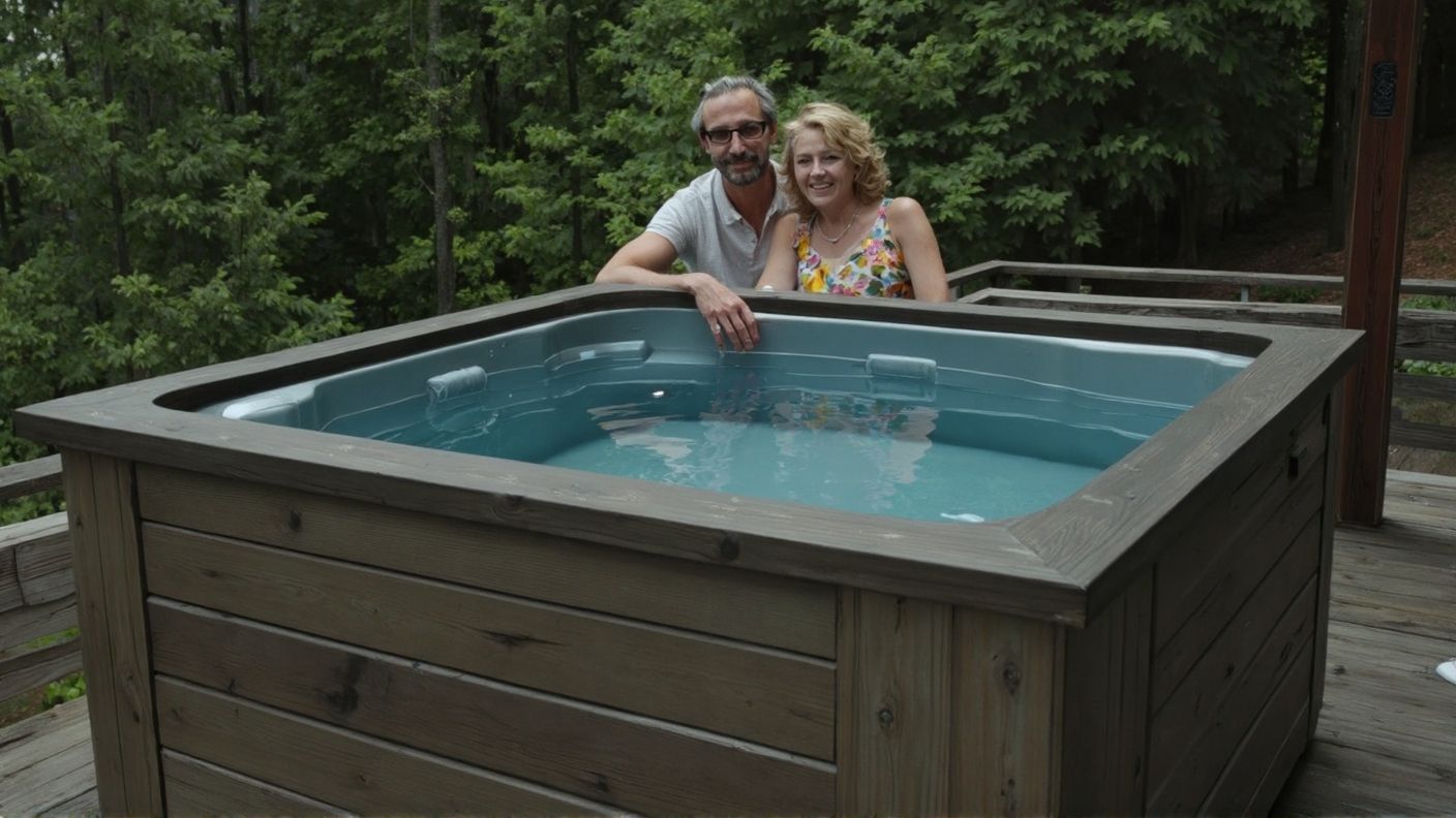older couple adjacent to a small hot tub with a wooden frame