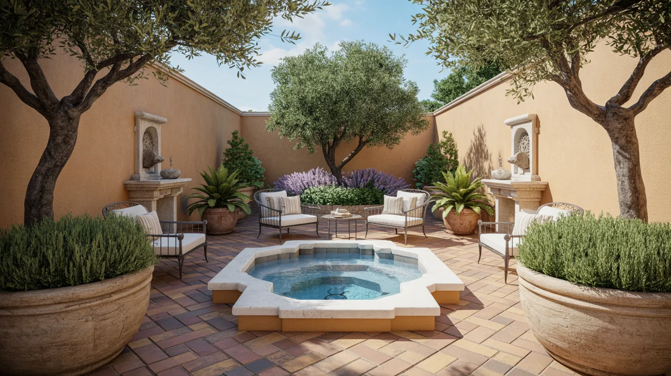 a built-in hot tub in a serene Mediterranean-style patio with nearby seating