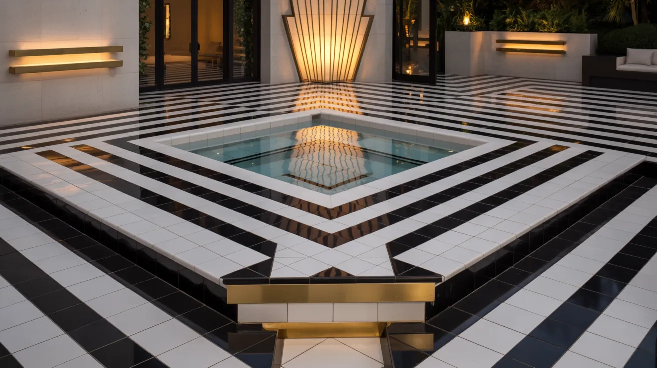 a built-in luxury Jacuzzi hot tub set into a a serene art deco patio