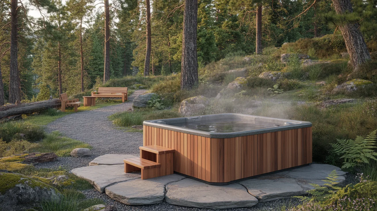 a cedar-lined hot tub in a rustic forested backyard with nearby cedar benches