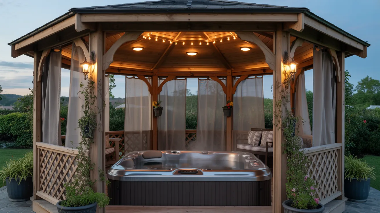 a hot tub partially recessed into a wooden deck and covered by a luxury gazebo
