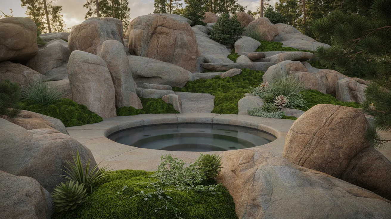 a in-ground hot tub surrounded by boulders, large rocks, and a natural garden