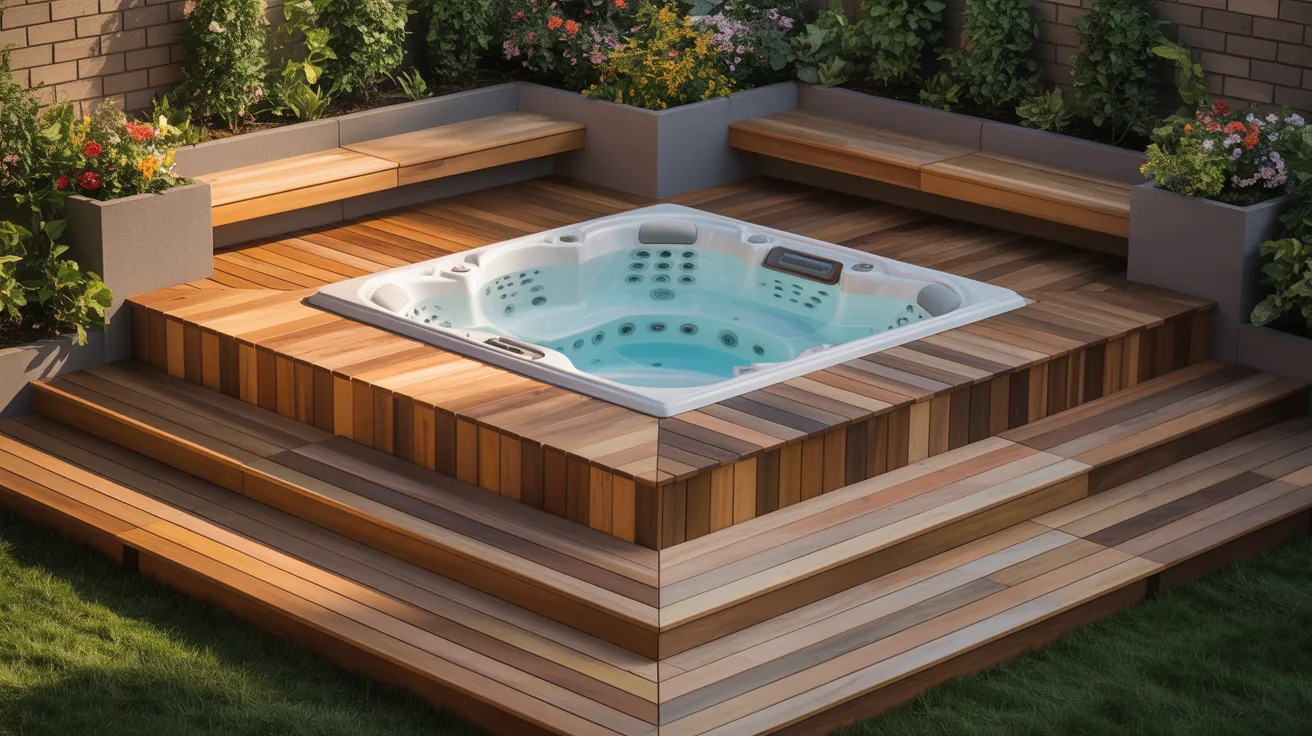 a large square hot tub sunken into a multi-tiered wooden deck with nearby wood seating