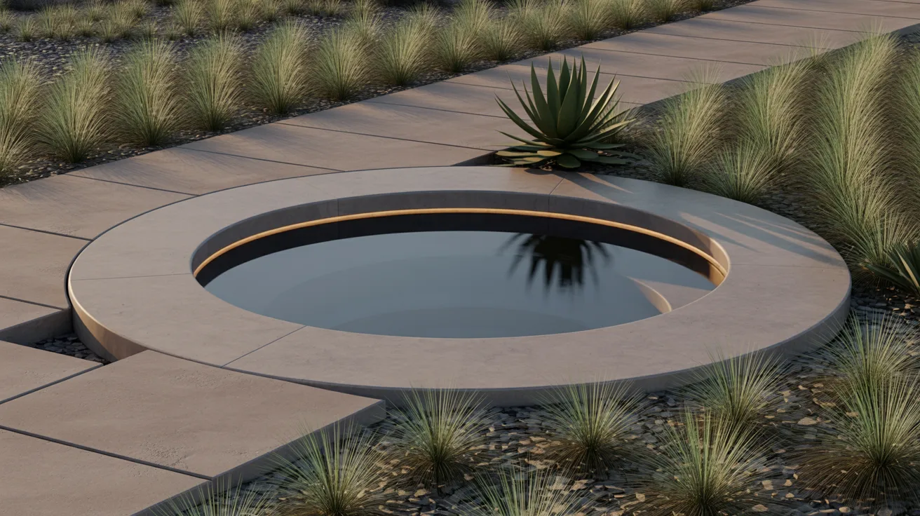 a modern minimalist built-in round hot tub with a stone path and stone surround