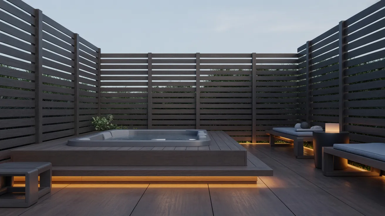a partially sunken hot tub on a modern back deck with nearby seating and surrounded by privacy fencing