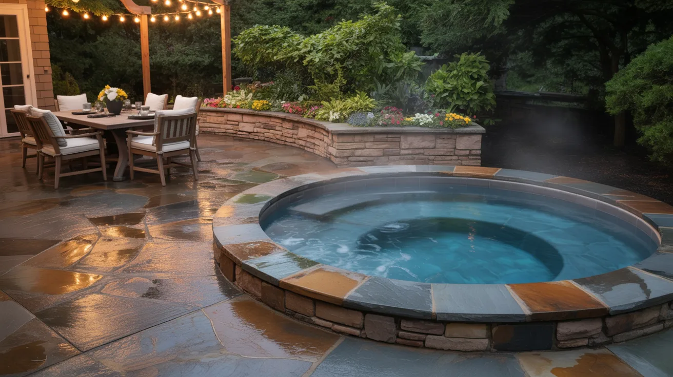 a round built-in stone hot tub with a nearby covered dining area on the patio