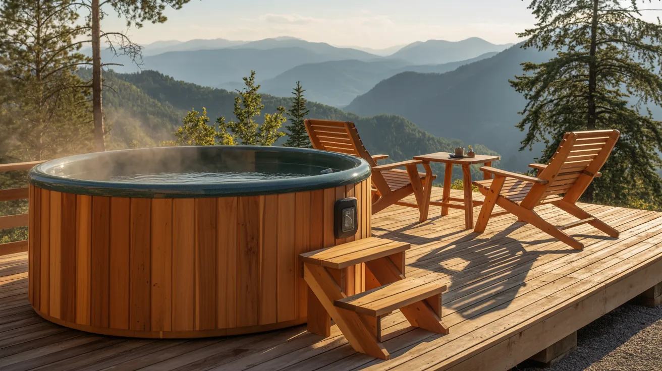 a round cedar hot tub on a wooden deck with nearby deck chairs
