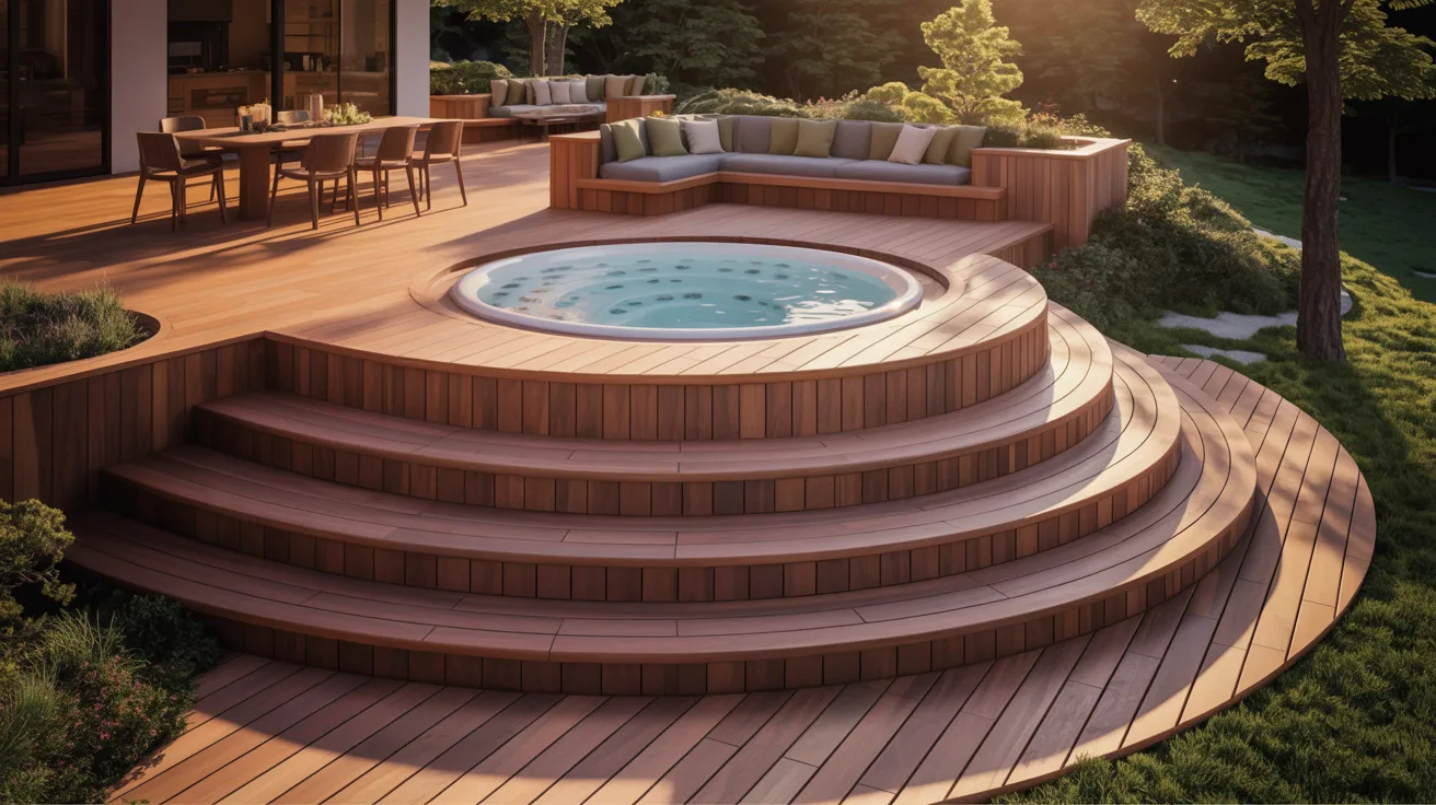 a round hot tub built into a multi-level wooden deck with couches and outdoor living areas nearby