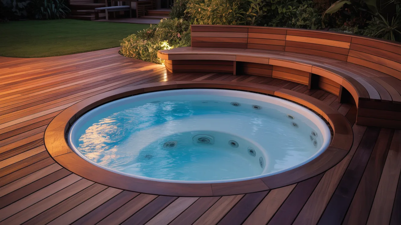 a round hot tub sunken into a wood deck with nearby bench seating