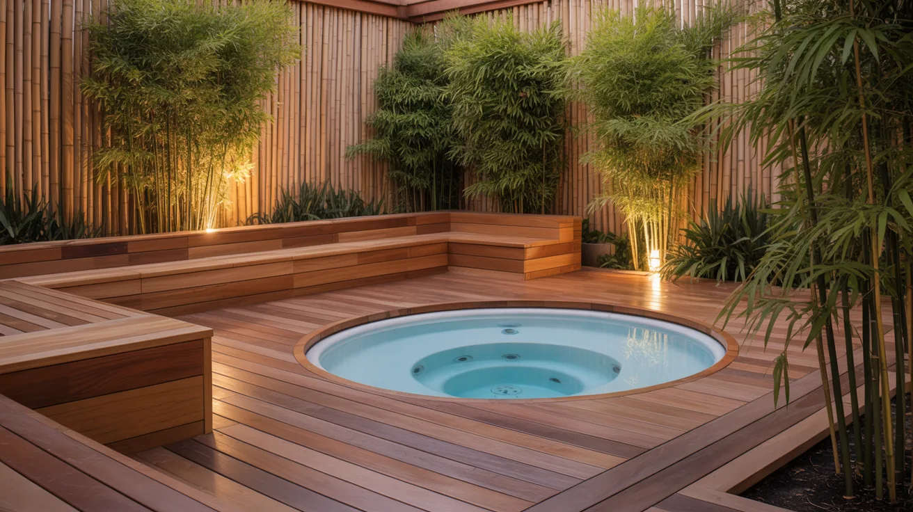 a round hot tub sunken into a wooden deck with wood seating and surrounded by bamboo fencing