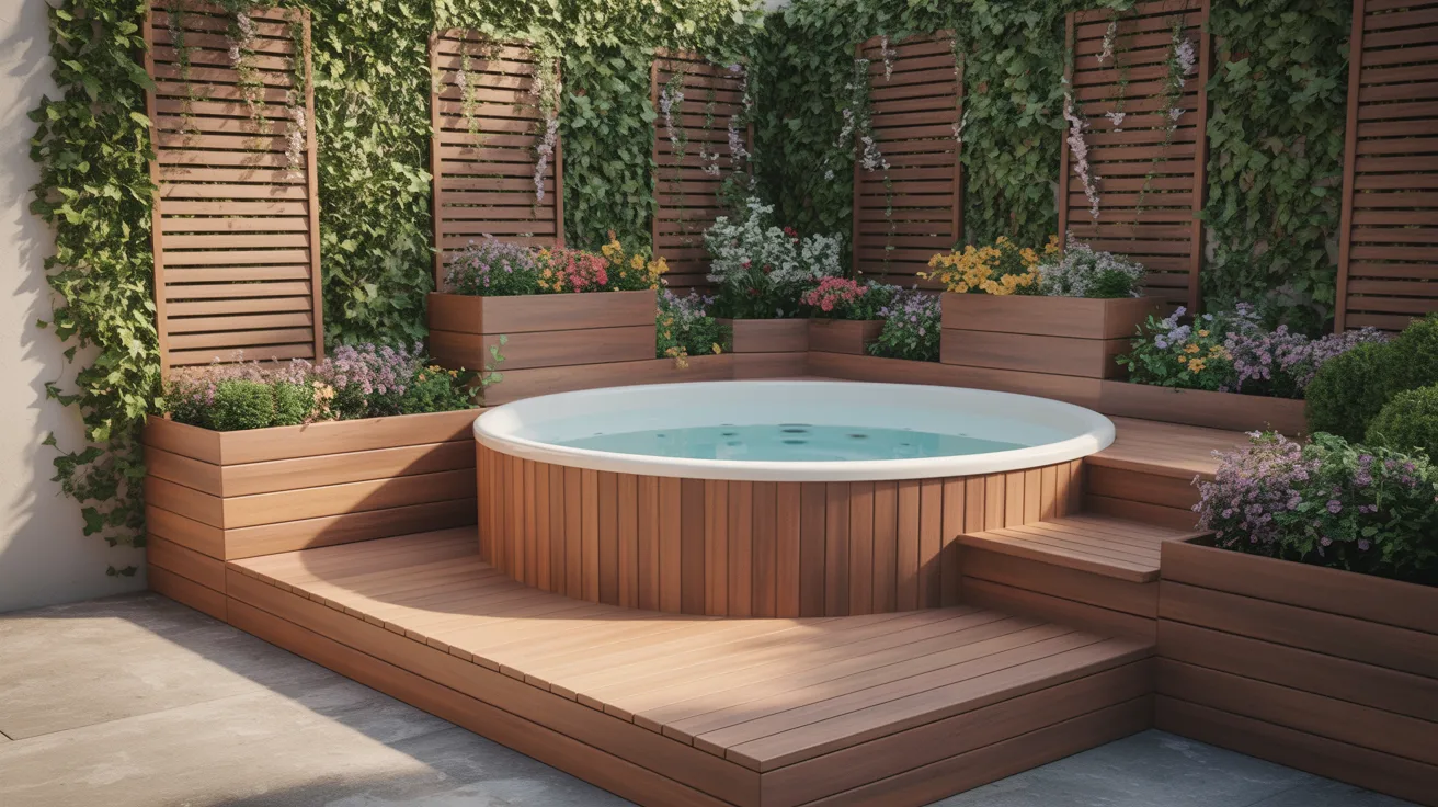 a round hot tub with cedar plank sides partially built into a wooden deck on a small patio