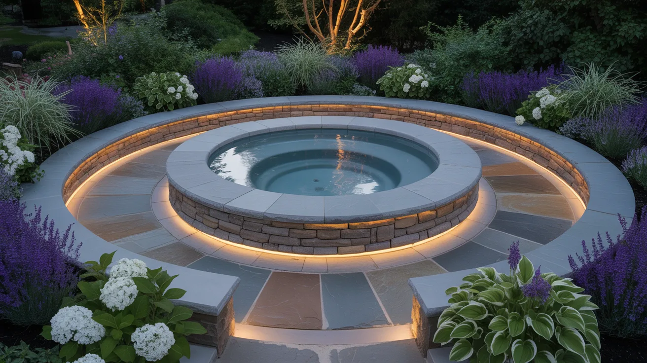 a round in-ground stone hot tub surrounded by a circular stone seating area and a stone path in a serene back yard