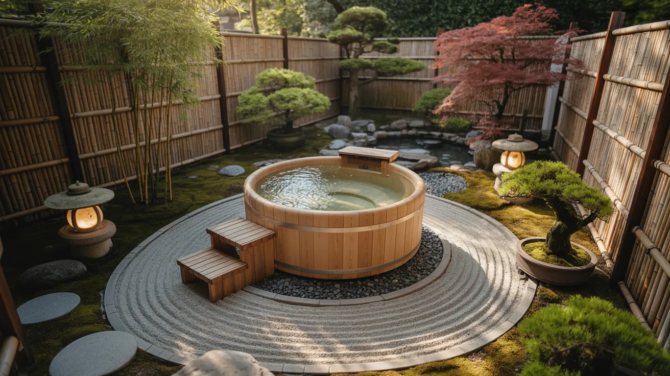 a round wooden hot tub in a serene Japanese-style garden with bamboo fencing