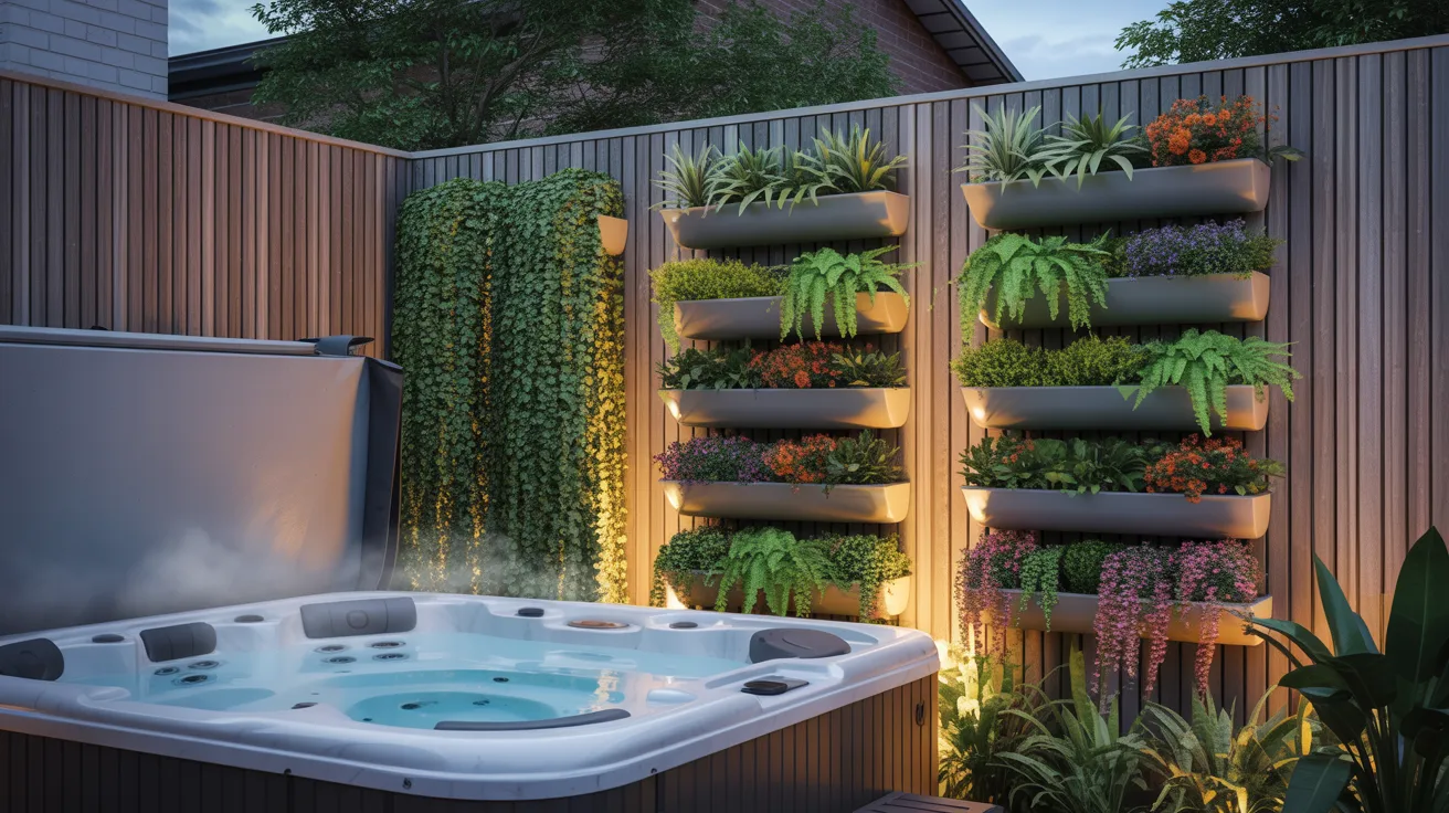 a sqaure jacuzzi hot tub in a small backyard with a tall privacy fence with built in planters for small plants
