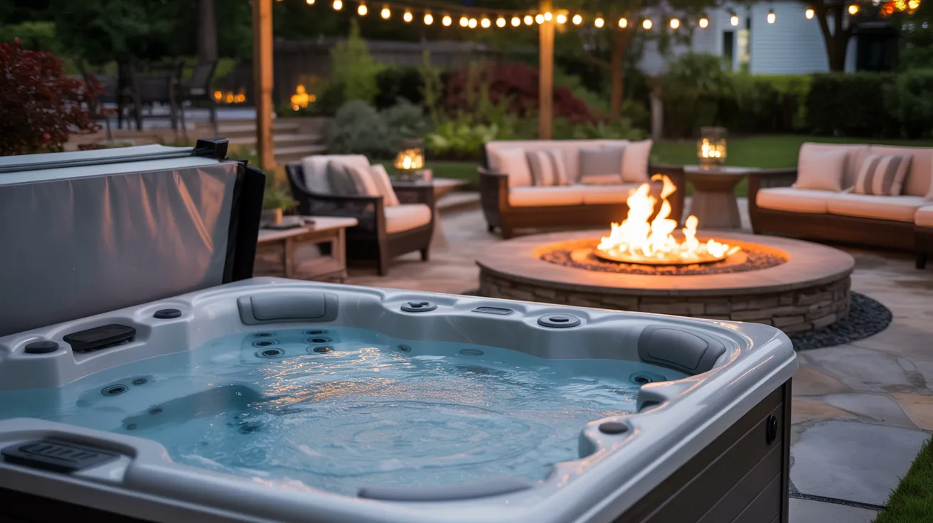 a square above-ground Jacuzzi hot tub on a patio with nearby seating and a fire pit
