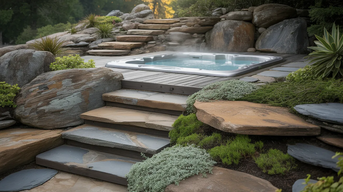a square above-ground hot tub built into a raised deck with natural stones around it and a stone set of steps leading up to it
