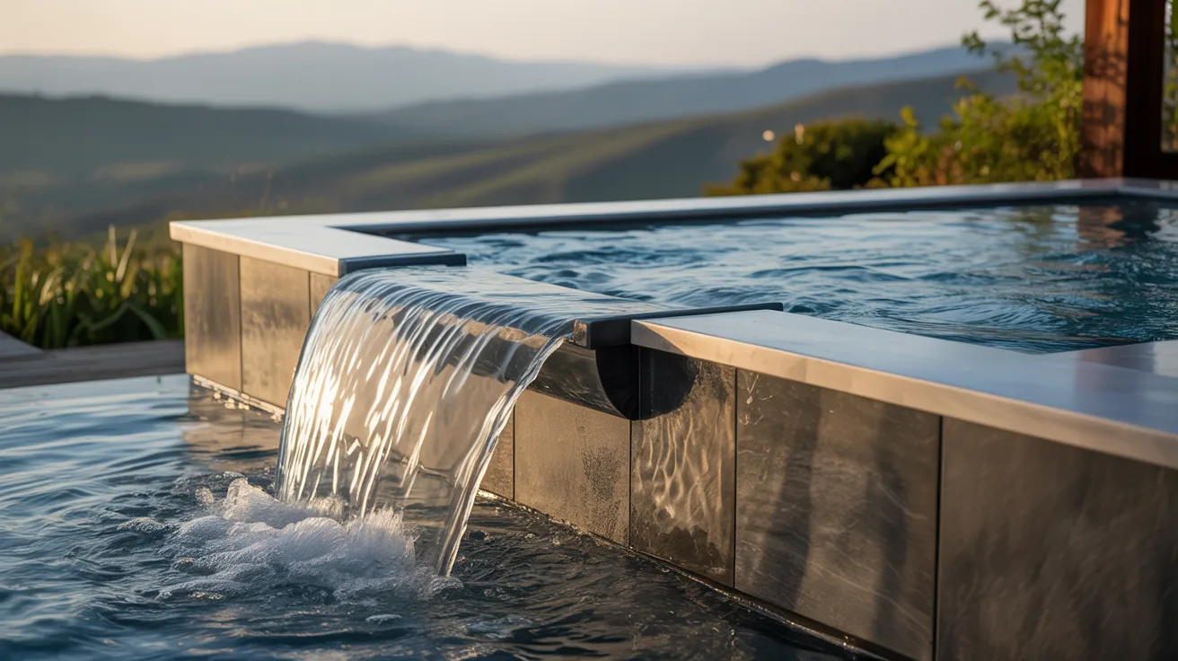 a stone hot tub with a waterfall overflowing into a small pool with a serene background
