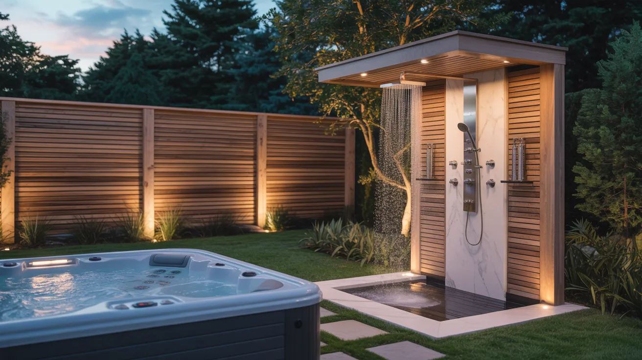 an above-ground Jacuzzi hot tub in a serene back yard with a nearby luxury outdoor shower