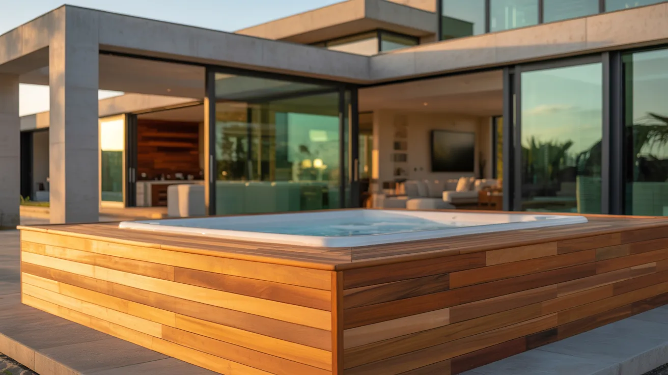 an above-ground Jacuzzi hot tub with wooden panels on the sides on the patio of a luxury ultra-modern home