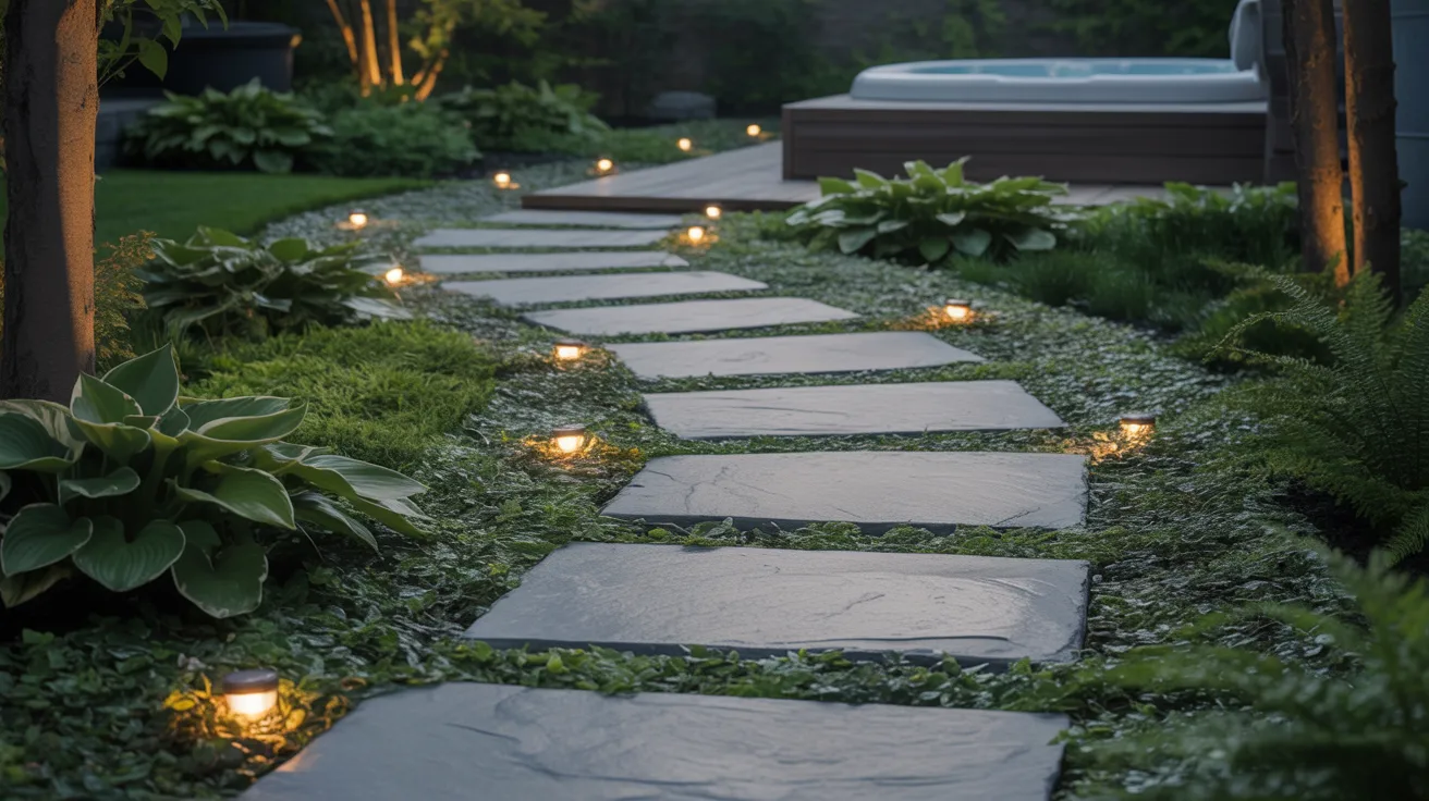 an above-ground hot tub with a stone path leading up to it